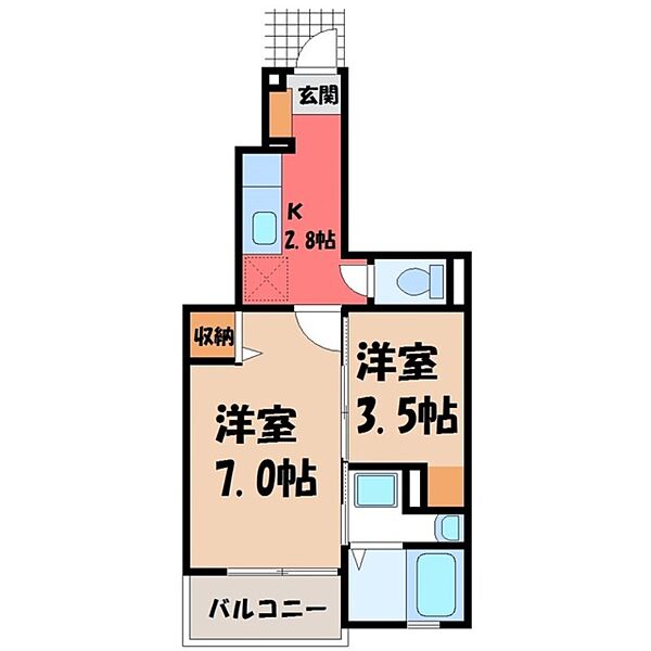 栃木県さくら市氏家(賃貸アパート2K・1階・31.65㎡)の写真 その2