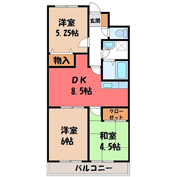 栃木県真岡市並木町3丁目(賃貸マンション3DK・5階・54.74㎡)の写真 その2