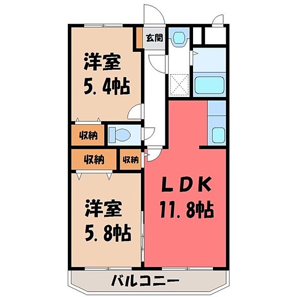 栃木県宇都宮市鶴田町(賃貸マンション2LDK・2階・53.98㎡)の写真 その2