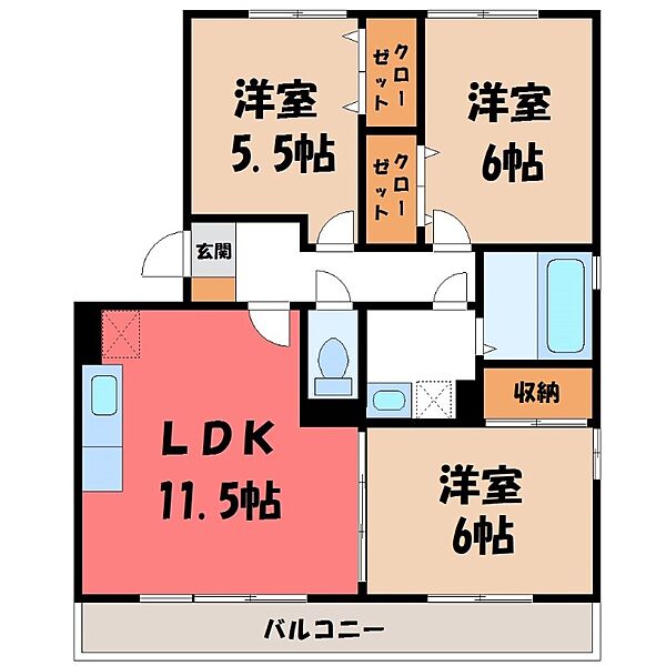 栃木県宇都宮市簗瀬町(賃貸アパート3LDK・3階・66.87㎡)の写真 その2