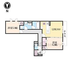 Ｄ−ＲＯＯＭ枚方市上之町ＰＪ 1階2LDKの間取り