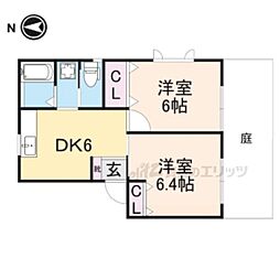 リヴィエール・シャン西禁野 2DKの間取図画像