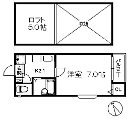 ルミエール・ドゥ 2階1Kの間取り