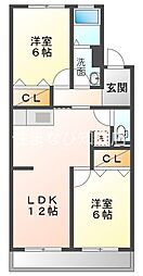 雁ヶ音マンション 2階2LDKの間取り