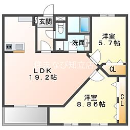 Sun石ナ曽根　N棟 4階2LDKの間取り