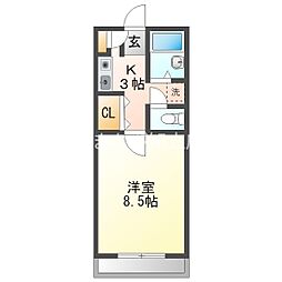 ロイヤルMIZUNO 2階1Kの間取り