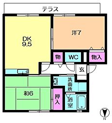 シャンピア平城 2DKの間取図画像