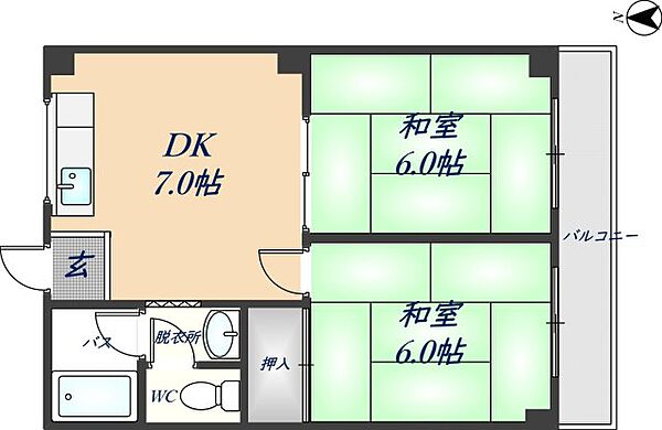 コーポグリーンヒルズ 302｜大阪府八尾市緑ヶ丘1丁目(賃貸マンション2DK・3階・40.04㎡)の写真 その2