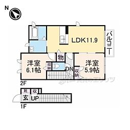 JR山陰本線 石原駅 徒歩9分の賃貸アパート 2階2LDKの間取り
