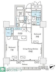 ロイヤルパークス品川 25階2LDKの間取り