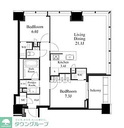白金ザ・スカイ東棟 2LDKの間取図画像
