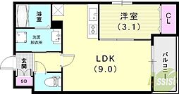 ザカラー東本町B棟 1LDKの間取図画像