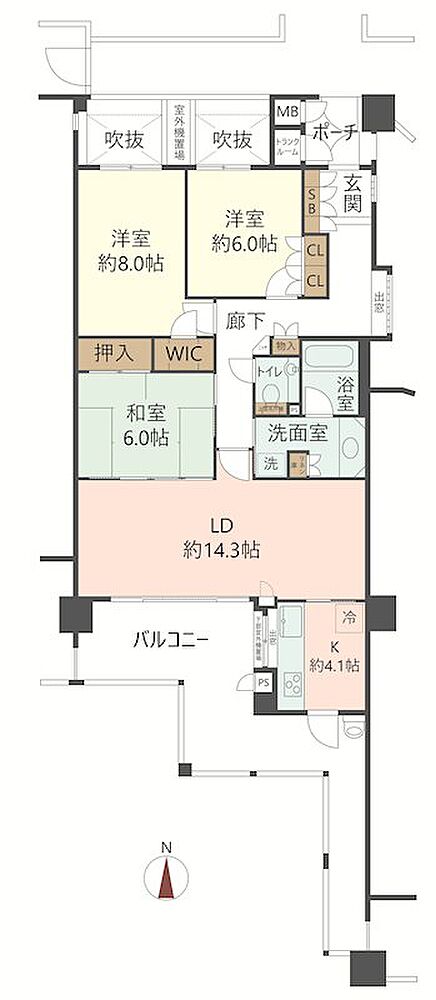 南向き、23.46m2のワイドバルコニーに面したLDKは18.4帖。専有面積90.05m2、全居室6帖以上のゆとりある3LDKです。アウトポール設計で家具配置もスムーズ。眺望の良いキッチンも魅力です。