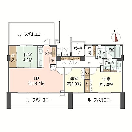 ワイドスパン、ハイサッシの明るい横長LDK!専有面積82.08m2・3LDKで採光にすぐれた37.38m2の両面ルーフバルコニー!