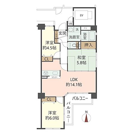 南向きバルコニーから光が差し込むLDK約14.1帖。和室と洋室を配した使いやすい3LDKプランです。