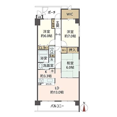 80.31m23LDK+WIC。トランクルームを無償でご利用いただけます。