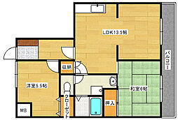 広島高速交通アストラムライン 中筋駅 徒歩10分の賃貸マンション 2階2LDKの間取り