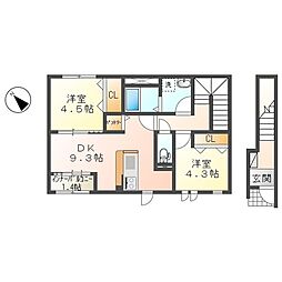 広島高速交通アストラムライン 上安駅 徒歩15分の賃貸アパート 2階2DKの間取り
