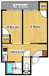 広島電鉄2系統 十日市町駅 徒歩4分の賃貸マンション 3階2DKの間取り