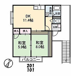 JR芸備線 矢賀駅 徒歩37分の賃貸アパート 2階2LDKの間取り