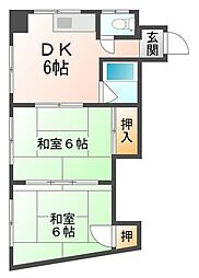 広島電鉄2系統 小網町駅 徒歩1分の賃貸マンション 4階2DKの間取り