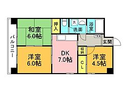 広島電鉄1系統 中電前駅 徒歩4分の賃貸マンション 3階3DKの間取り