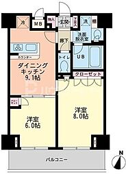 エスティメゾン赤羽 13階2DKの間取り