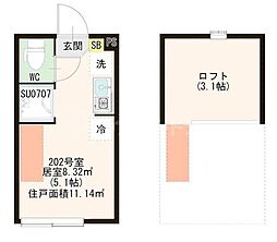 ハーモニーテラス上板橋II 2階ワンルームの間取り