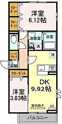 セジュール西台5 2階2DKの間取り