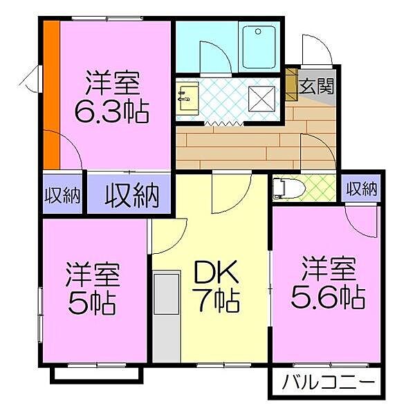 ロジュマン・ド・フォーレD棟 202｜栃木県宇都宮市錦３丁目(賃貸アパート3DK・2階・57.92㎡)の写真 その2