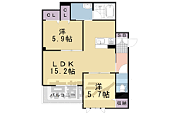 阪急嵐山線 嵐山駅 徒歩3分の賃貸アパート 2階2LDKの間取り