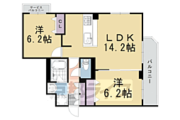 グランシュ長岡京 3階2LDKの間取り