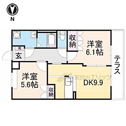 近鉄天理線 二階堂駅 徒歩8分の賃貸マンション 1階2DKの間取り