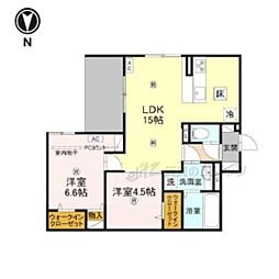 近鉄橿原線 田原本駅 徒歩14分の賃貸アパート 1階2LDKの間取り