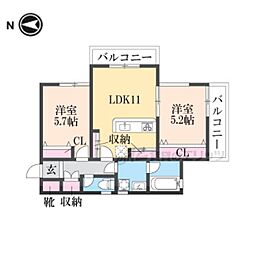 アモール三条大路 2LDKの間取図画像