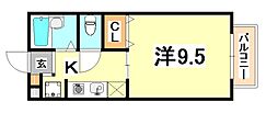 パセオ西芦屋 1階ワンルームの間取り