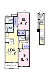東武伊勢崎線 大袋駅 徒歩23分の賃貸アパート 2階2LDKの間取り