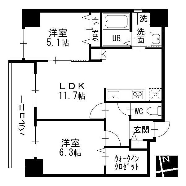 画像2:2LDK　LDK11.70畳，洋室6.30畳，洋室5.10畳