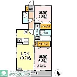テーズボヌールII 1階2LDKの間取り