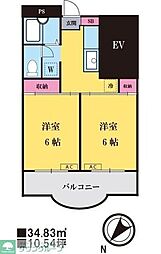 ローヤルビュー 1階2DKの間取り