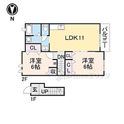 JR関西本線 郡山駅 徒歩26分の賃貸アパート 2階2LDKの間取り