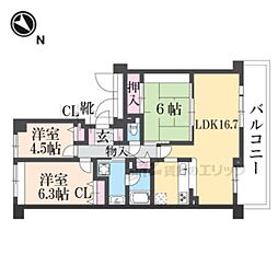 ローレルスクエア登美ヶ丘第I期9番館 2階3LDKの間取り