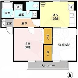 ジュネスコートA棟 2階2DKの間取り