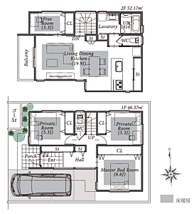 間取り：５号地間取図。4LDK建物面積98.54平方メートル