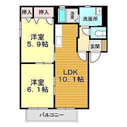 アンジュウ　デヤ　Ｅ棟 2階2LDKの間取り