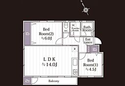 鵜野森団地B棟 2LDKの間取り
