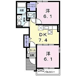 JR日豊本線 西都城駅 バス5分 西大王町バス停下車 徒歩3分の賃貸アパート 1階2DKの間取り
