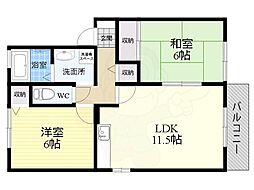 近鉄生駒線 信貴山下駅 徒歩12分の賃貸アパート 1階2LDKの間取り