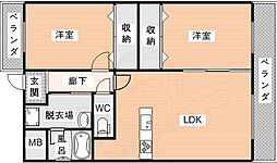 近鉄橿原線 尼ヶ辻駅 徒歩15分の賃貸マンション 2階2LDKの間取り