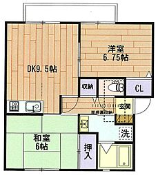サンガーデンときわB棟 2階2DKの間取り